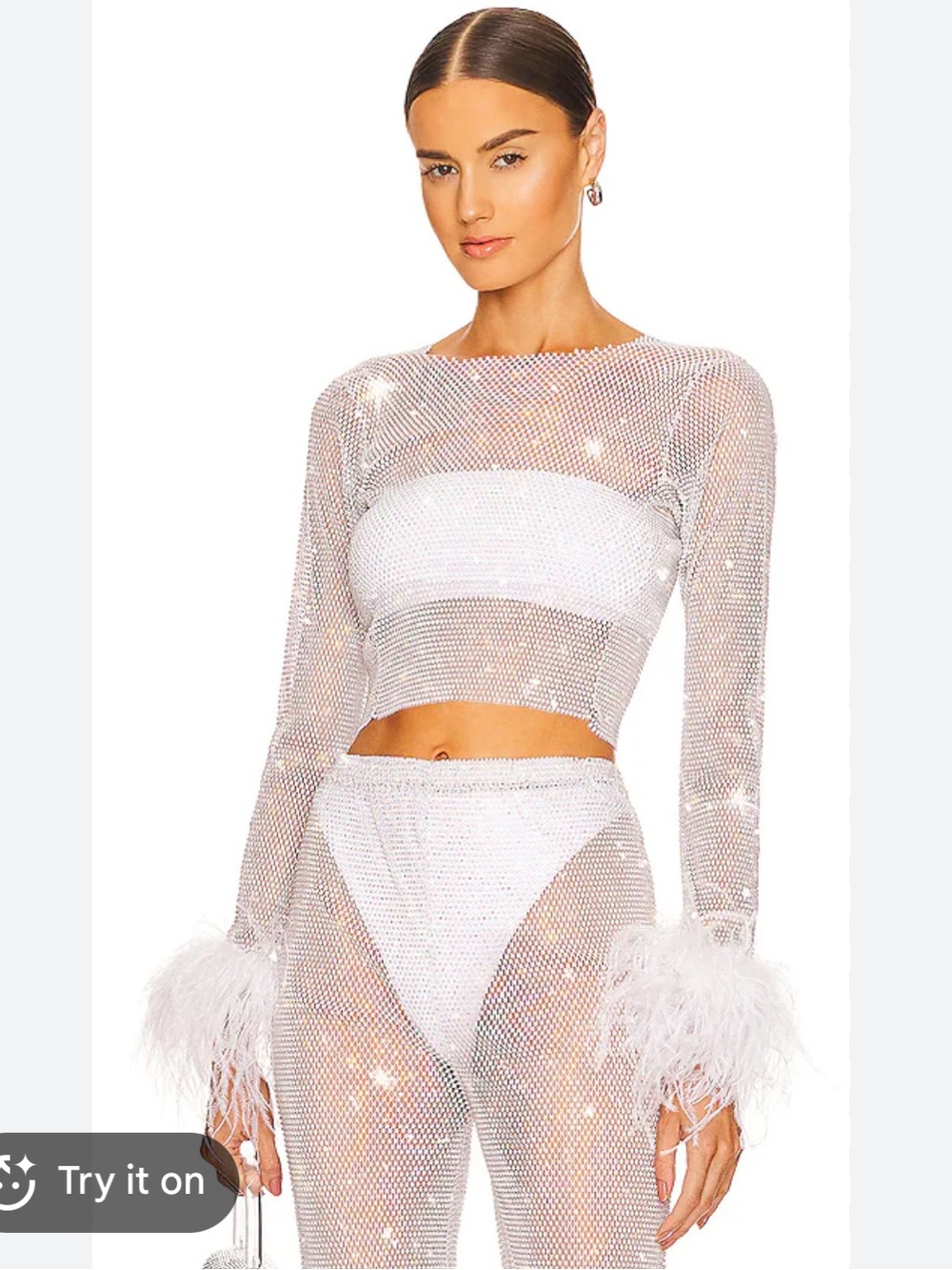 REVOLVE White Crystal Sheer Feather-Cuff Mini Dress